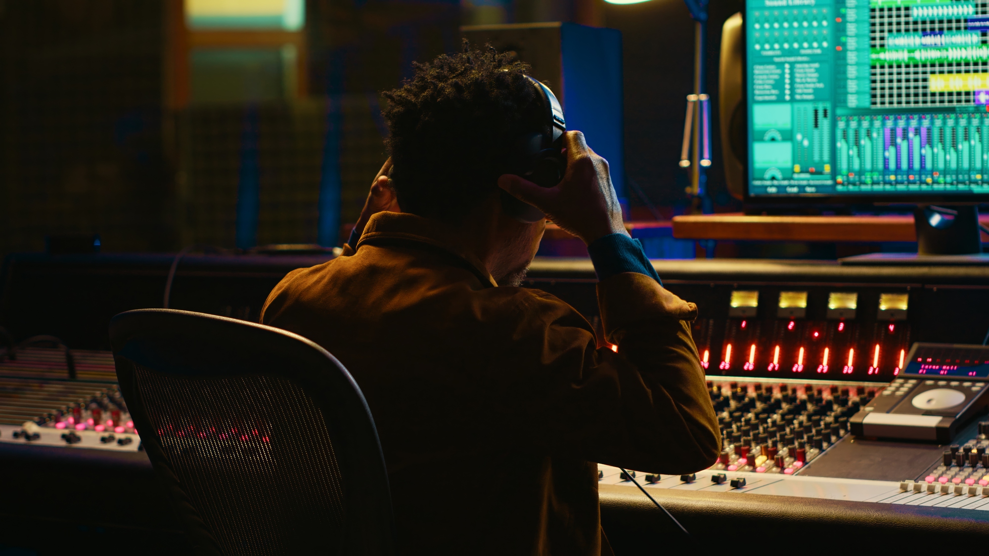 African american sound designer removing tonal imbalances and white noise